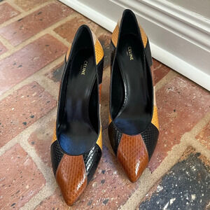 Celine Triangle Heel wide-striped water snakeskin high heels NWT